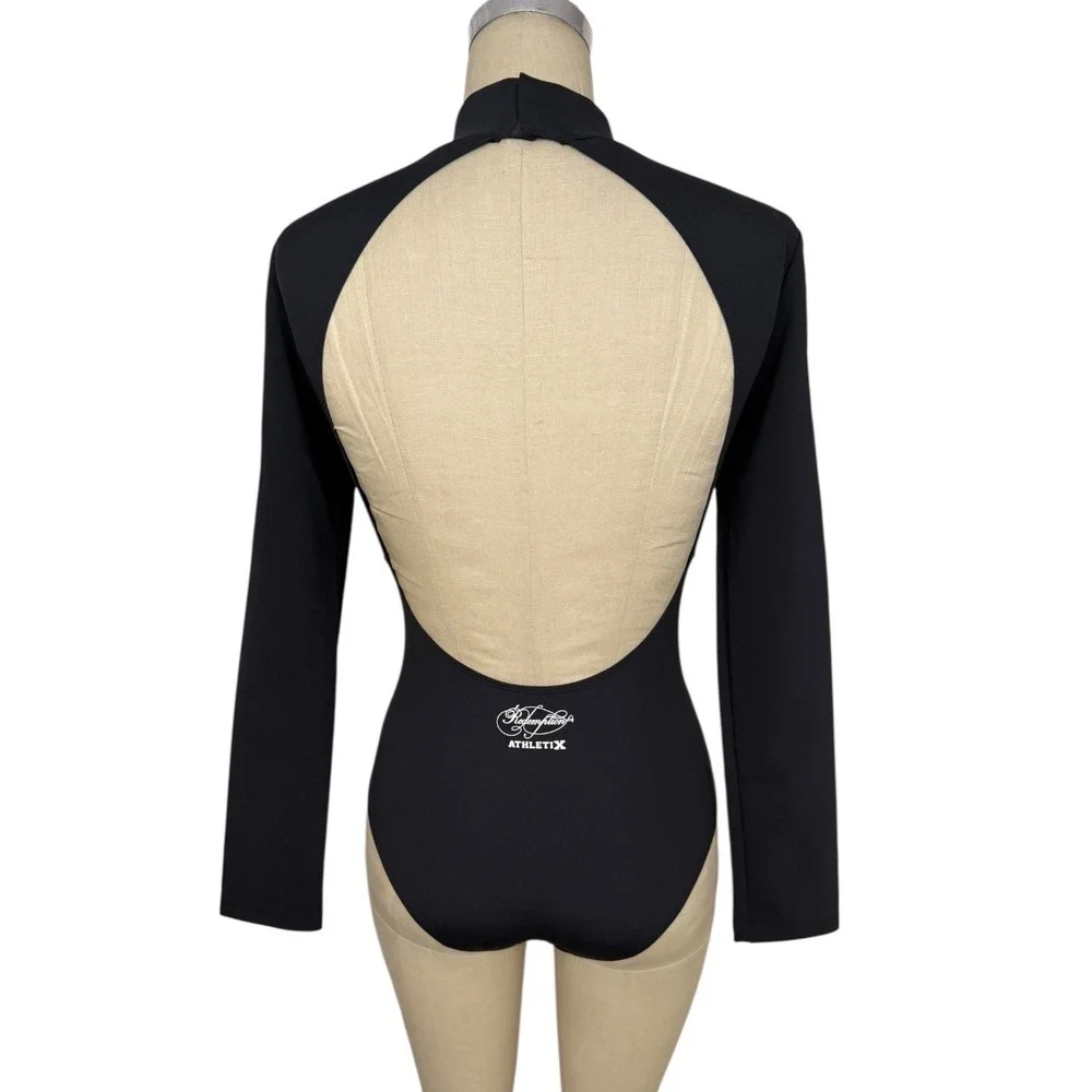 NEW Redemption Athletix Black Bodysuit Swimsuit Womens L  Long Sleeve Open Back